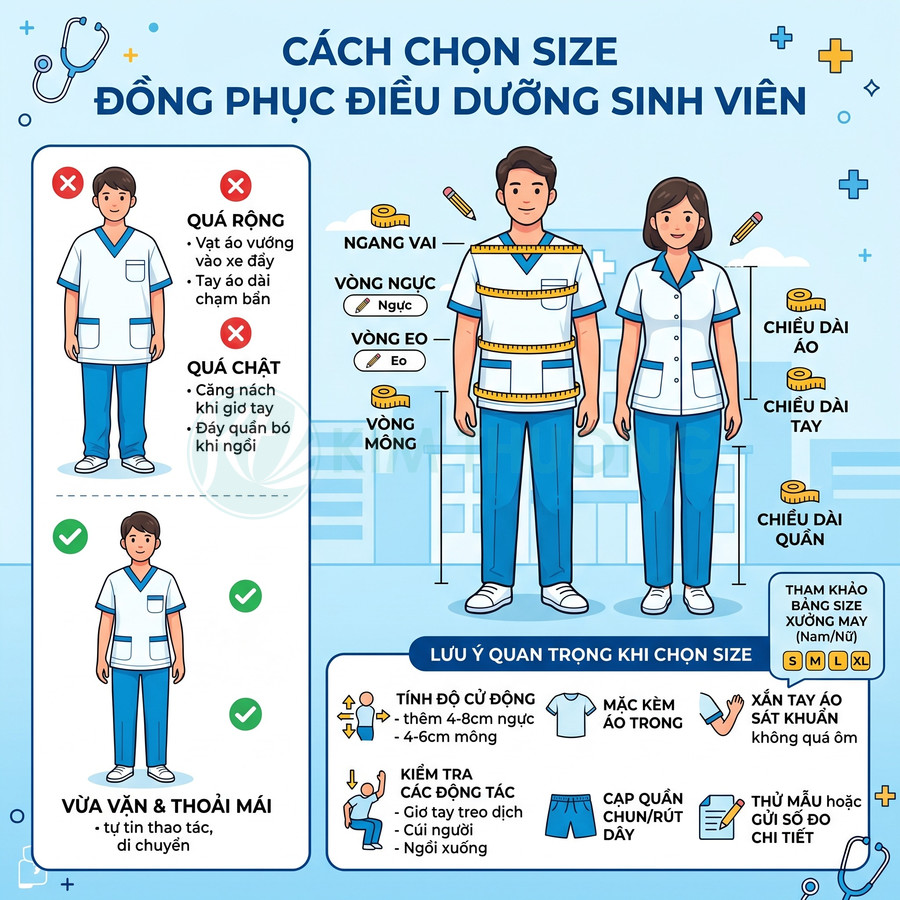 Hướng dẫn chọn size đồng phục điều dưỡng sinh viên với hình minh họa nam nữ mặc áo quần y khoa xanh trắng