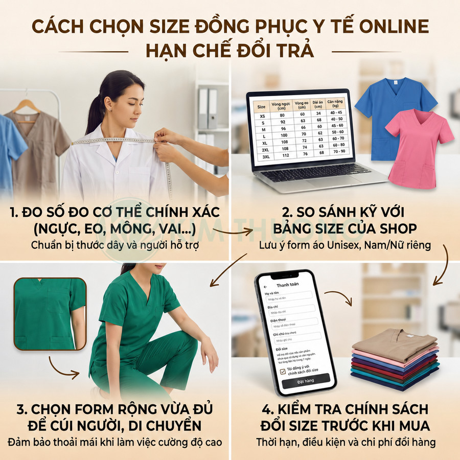 Hướng dẫn chọn size đồng phục y tế online với hình ảnh đo cơ thể, bảng size, mẫu áo quần và chính sách đổi trả