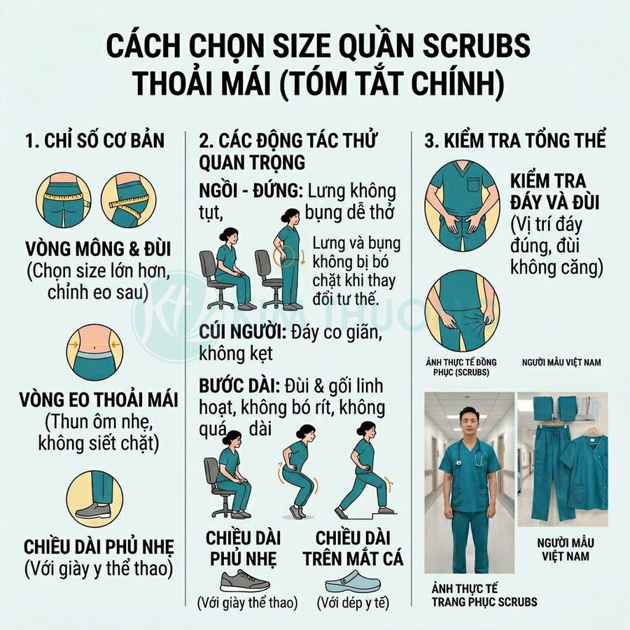 Hướng dẫn chọn size quần áo scrubs y tế thoải mái với minh họa động tác thử và ảnh mẫu thực tế