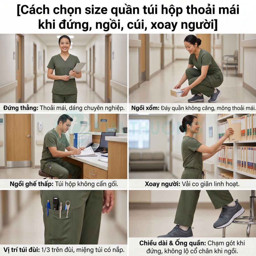 Quần áo scrub y tế màu xanh túi hộp, nhân viên y tế mặc thử khi đứng ngồi cúi xoay trong bệnh viện