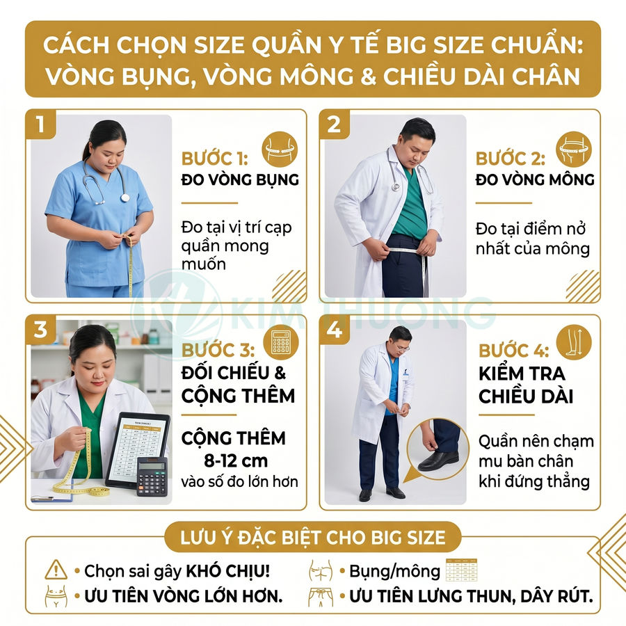 Hướng dẫn chọn size quần y tế big size với bác sĩ, y tá đo vòng bụng, vòng mông và chiều dài quần