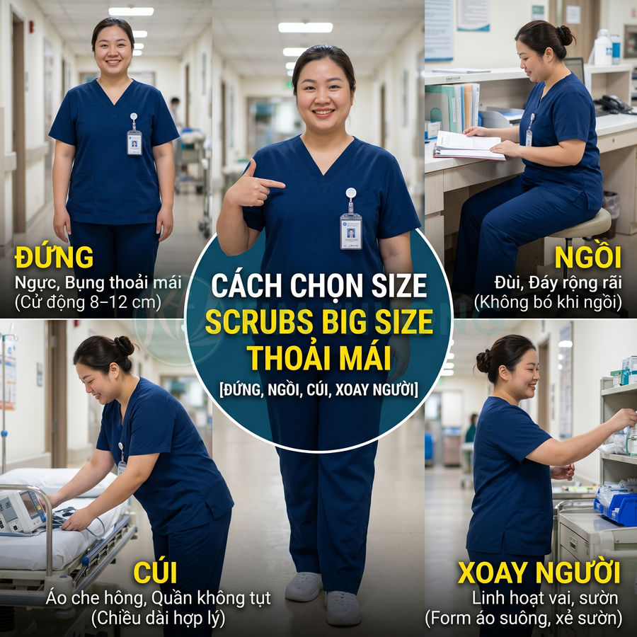 Nữ nhân viên y tế mặc bộ scrub big size màu xanh navy, đứng ngồi cúi xoay người thoải mái trong bệnh viện