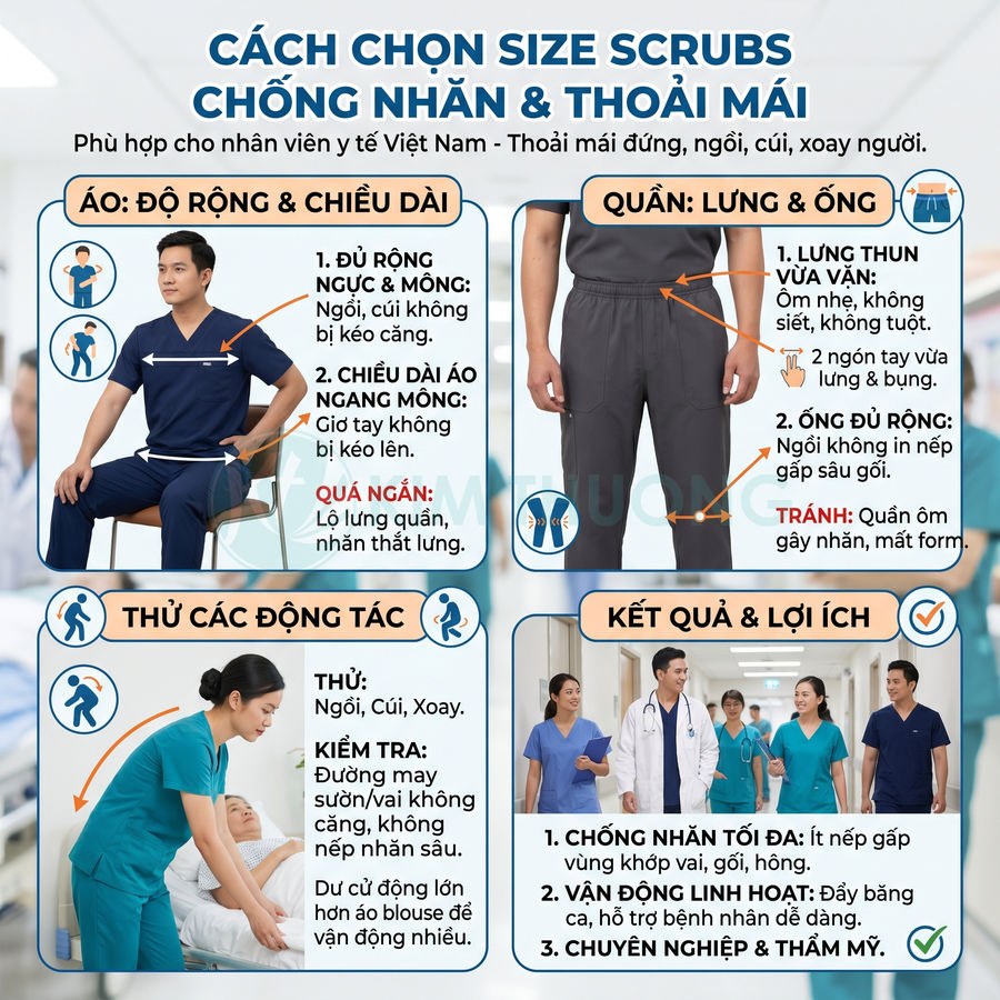 Hướng dẫn chọn size đồ scrubs y tế chống nhăn thoải mái cho nhân viên bệnh viện