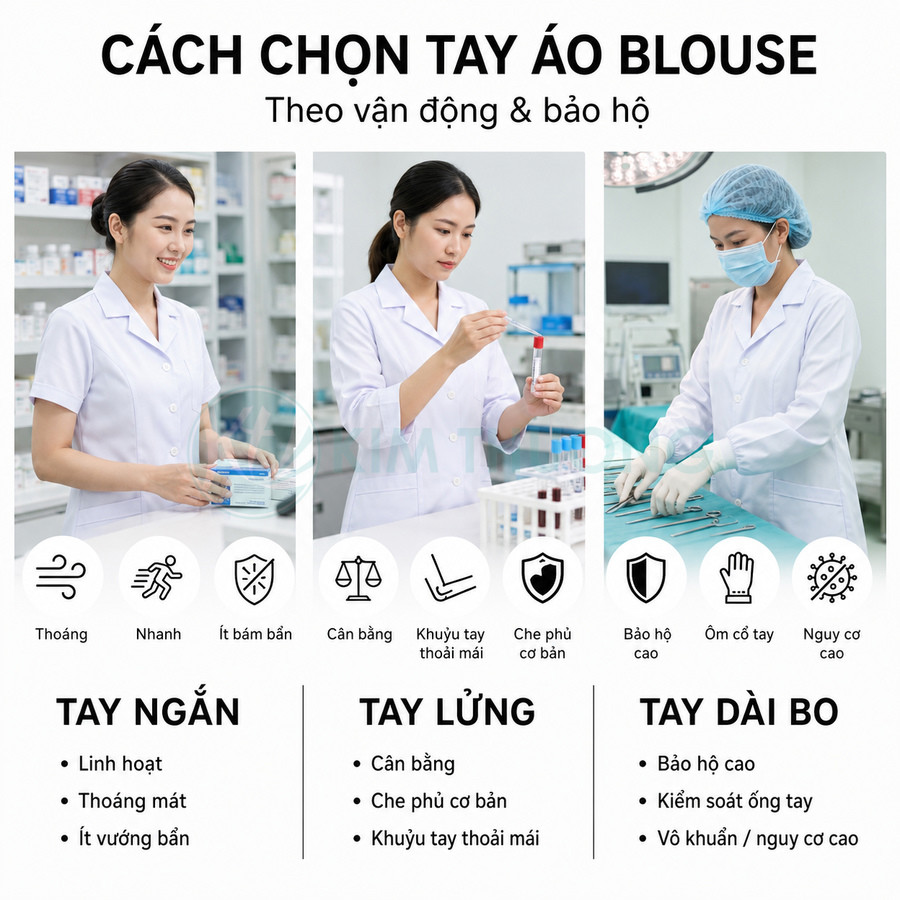 So sánh tay áo blouse tay ngắn tay lửng tay dài bo cho nhân viên y tế trong phòng khám và phòng mổ