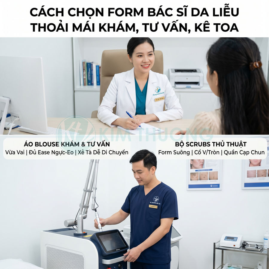 Bác sĩ da liễu mặc áo blouse và bộ scrubs chuyên nghiệp khi khám tư vấn và thực hiện thủ thuật cho bệnh nhân