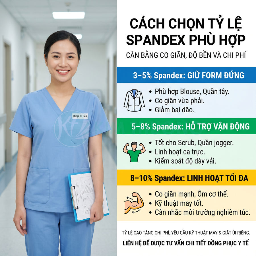 Nữ nhân viên y tế mặc đồng phục scrubs xanh cầm bảng kẹp, bên cạnh bảng hướng dẫn chọn tỷ lệ spandex phù hợp