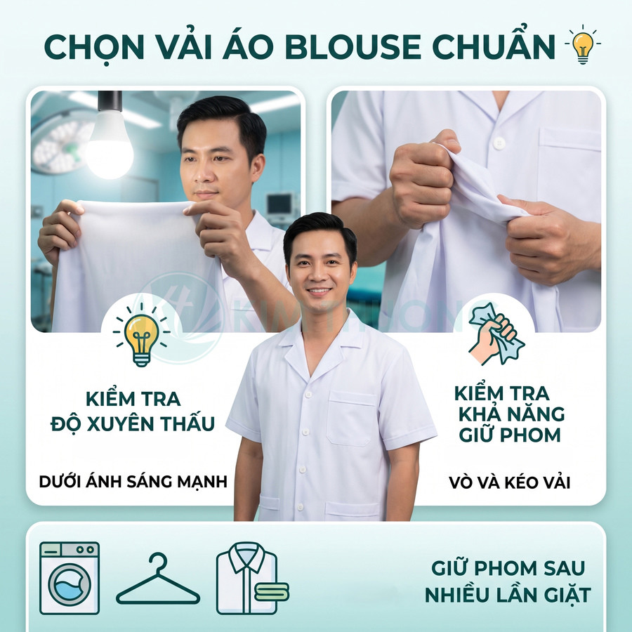Nam bác sĩ mặc áo blouse trắng kiểm tra chất vải dưới ánh đèn và vò kéo để thử độ dày, khả năng giữ phom