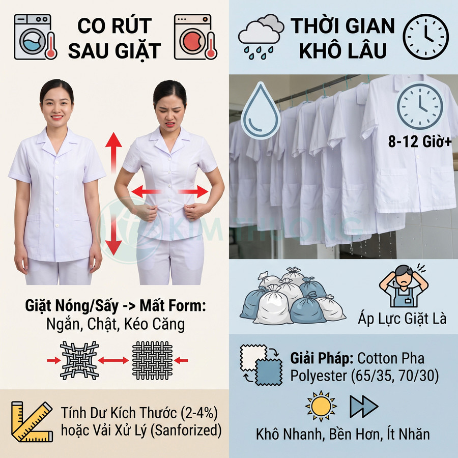 Đồng phục y tế màu trắng co rút sau giặt nóng và lâu khô, giải pháp vải cotton pha polyester khô nhanh