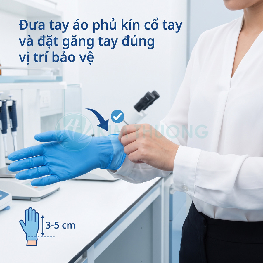 Nhân viên phòng thí nghiệm đeo găng tay nitrile xanh phủ kín cổ tay áo blouse, chừa 3–5 cm cổ tay áo bên trong găng tay