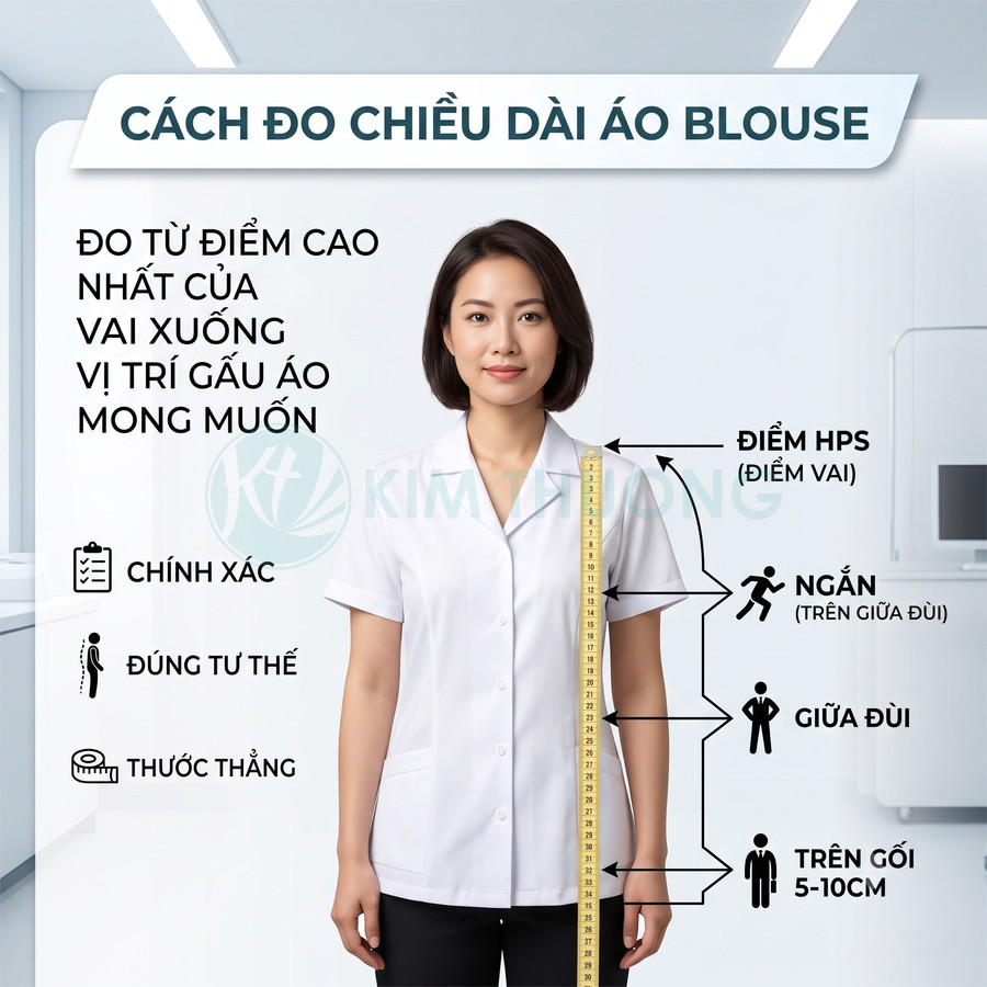 Hướng dẫn đo chiều dài áo blouse nữ Kim Thịnh từ điểm vai HPS đến gấu áo mong muốn