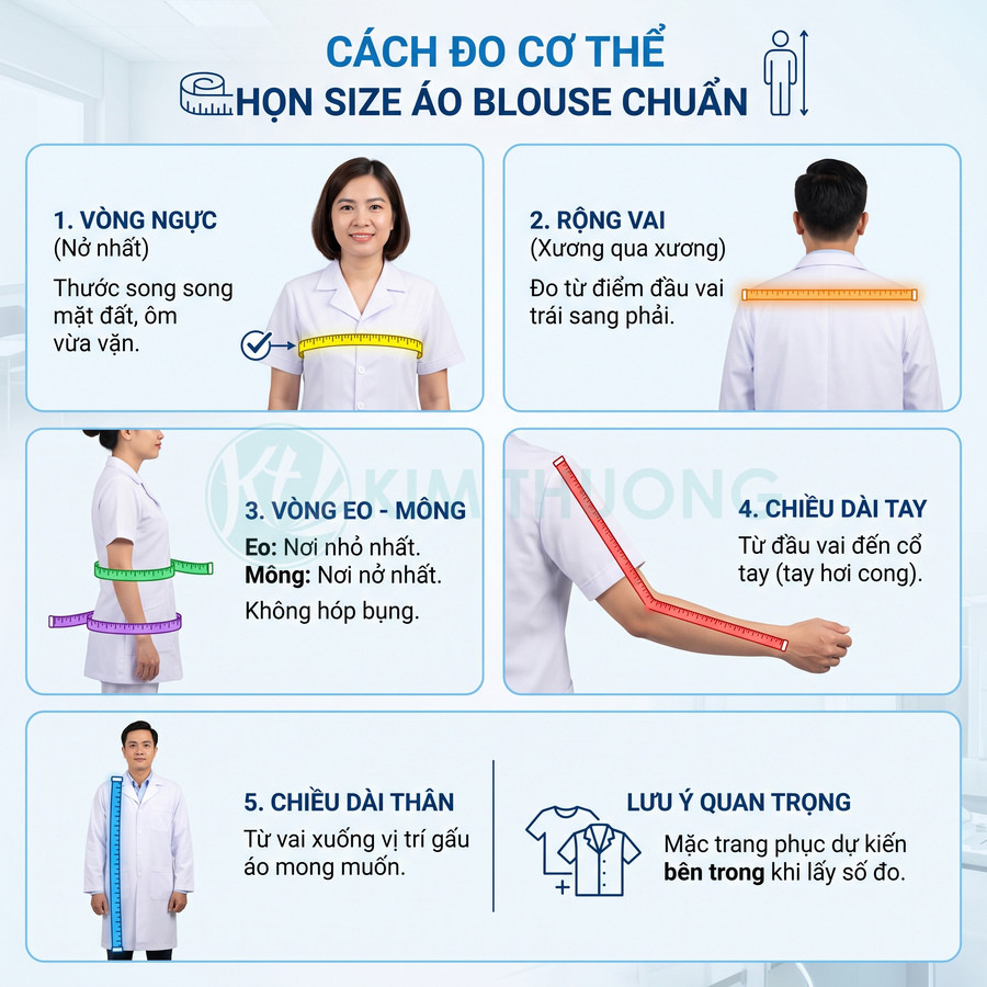 Hướng dẫn đo vòng ngực, vai, eo, mông, chiều dài tay và thân để chọn size áo blouse chuẩn xác