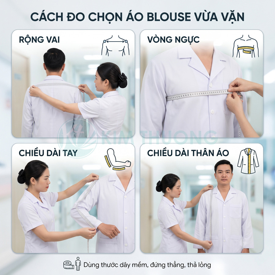 Hướng dẫn đo kích thước áo blouse bác sĩ với thước dây: rộng vai, vòng ngực, chiều dài tay và chiều dài thân áo