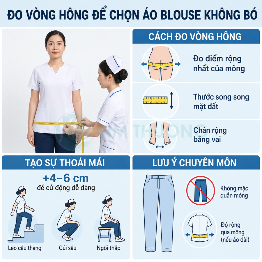 Hướng dẫn đo vòng hông chọn áo blouse y tá không bó, minh họa cách đo và lưu ý kích thước thoải mái