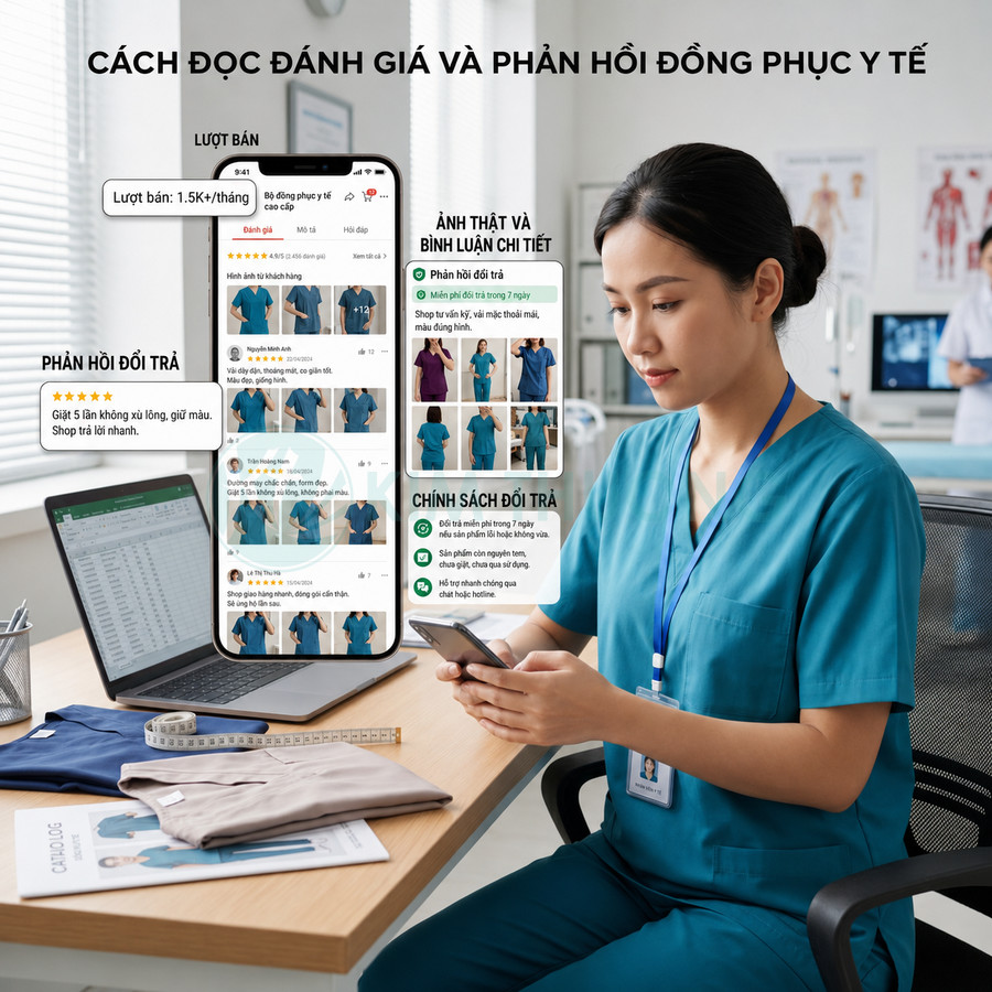 Nhân viên y tế mặc đồng phục scrub xanh xem đánh giá và chính sách đổi trả đồng phục y tế trên điện thoại