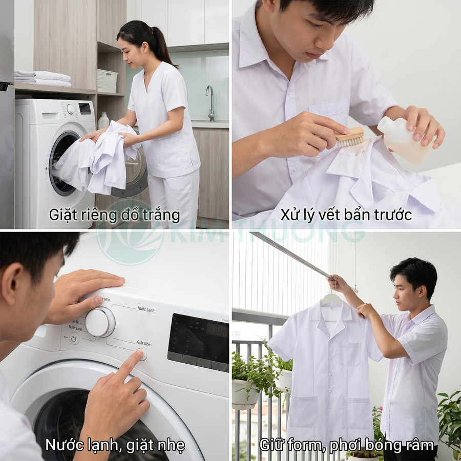 Quy trình giặt áo blouse trắng với máy giặt cửa trước, xử lý vết bẩn, chọn chế độ giặt nhẹ và phơi giữ form