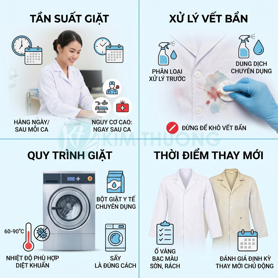 Hướng dẫn giặt và thay mới áo blouse y tế với quy trình xử lý vết bẩn và nhiệt độ diệt khuẩn