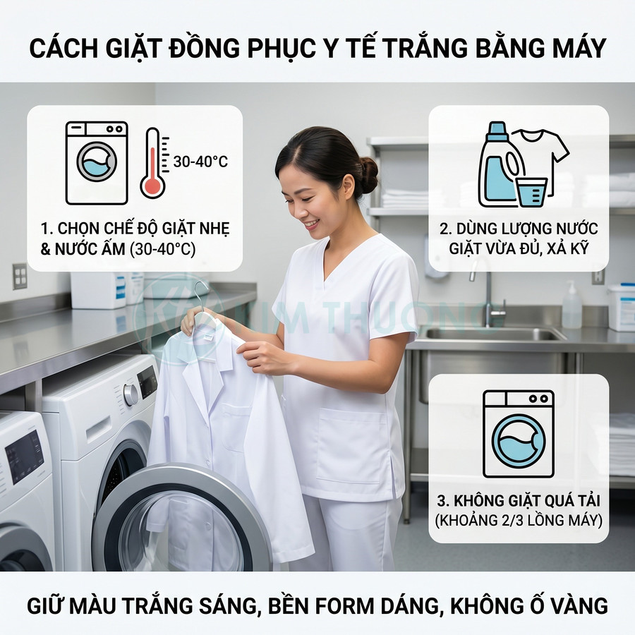 Nhân viên y tế giặt đồng phục y tế trắng bằng máy giặt trong phòng giặt sạch gọn gàng
