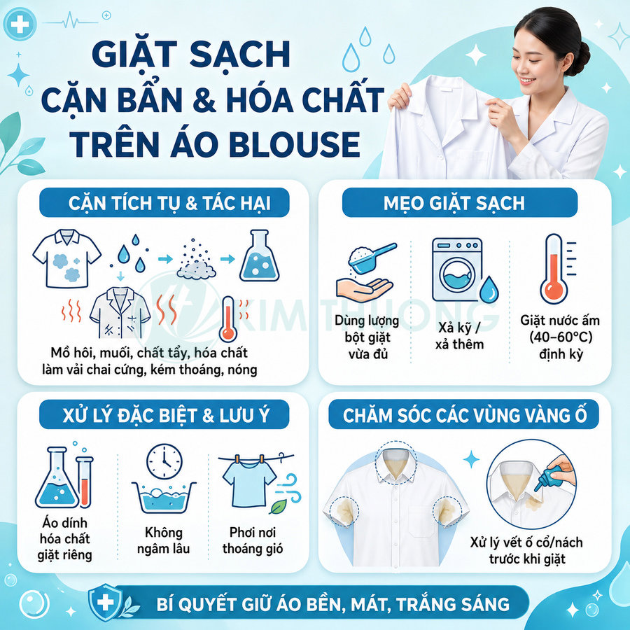 Hướng dẫn giặt sạch cặn bẩn hóa chất và xử lý vết ố vàng trên áo blouse trắng cho nhân viên y tế