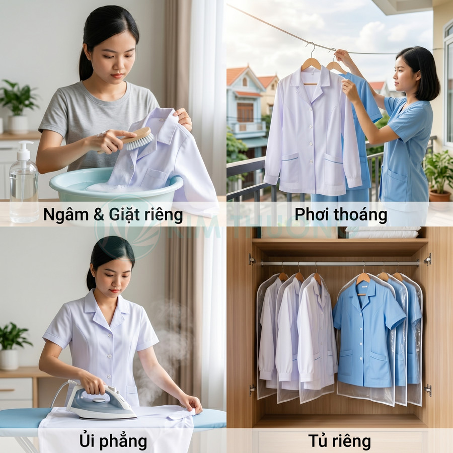 Quy trình giặt phơi ủi và bảo quản riêng áo blouse y tế sạch sẽ trong tủ quần áo