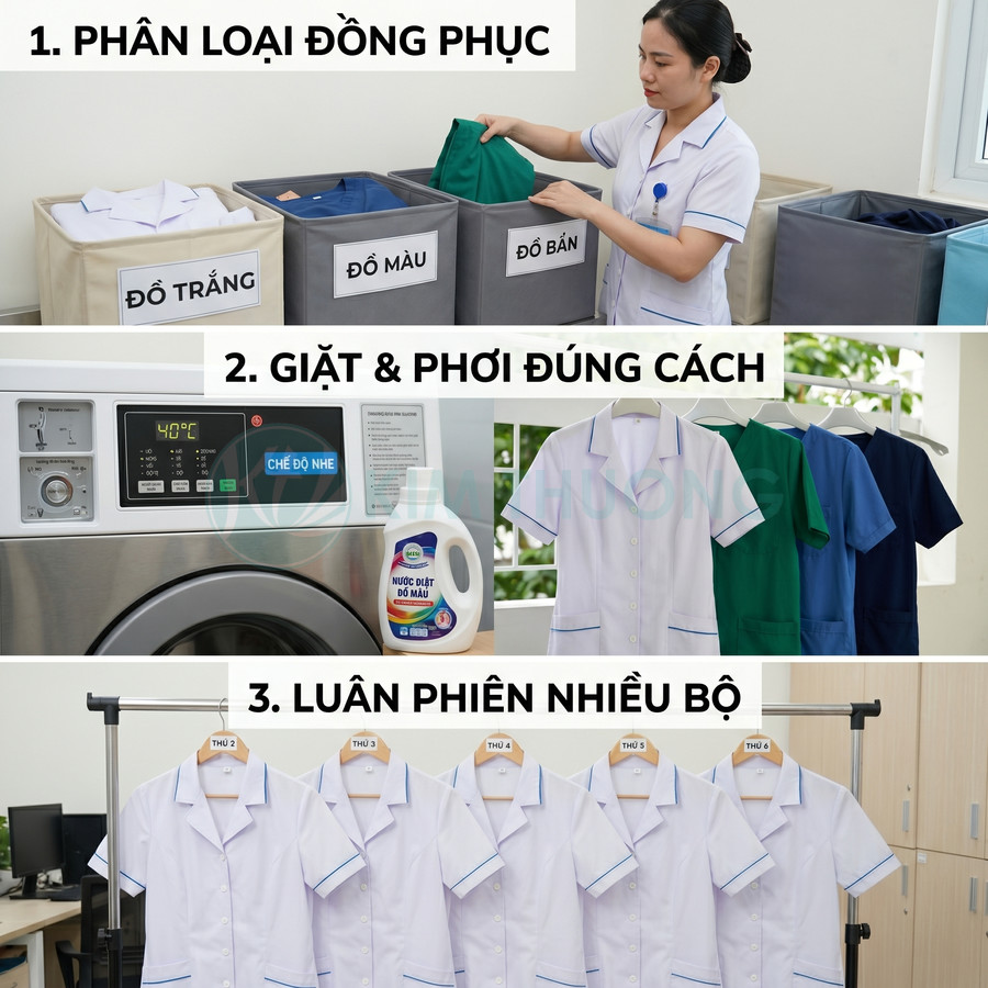 Hướng dẫn giặt và bảo quản đồng phục y tá với phân loại đồ, máy giặt, nước giặt và nhiều bộ áo trắng