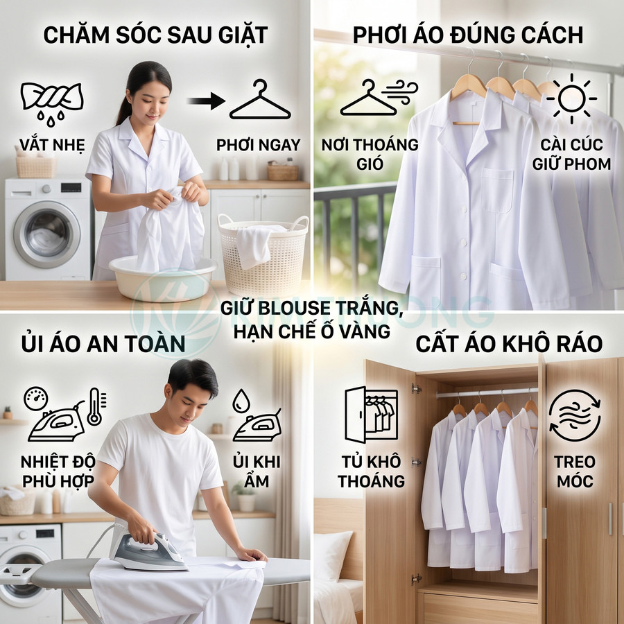 Hướng dẫn chăm sóc áo blouse trắng sau giặt phơi ủi và cất giữ đúng cách để giữ áo sạch đẹp lâu