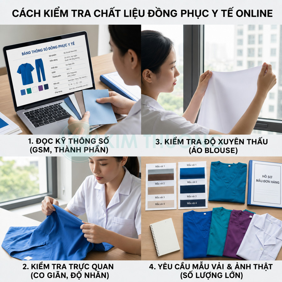 Hướng dẫn kiểm tra chất liệu đồng phục y tế online với mẫu vải, áo blouse và bảng thông số trên laptop