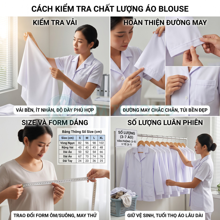 Hướng dẫn kiểm tra chất lượng áo blouse y tế với vải bền, đường may chắc và chọn đúng size form dáng
