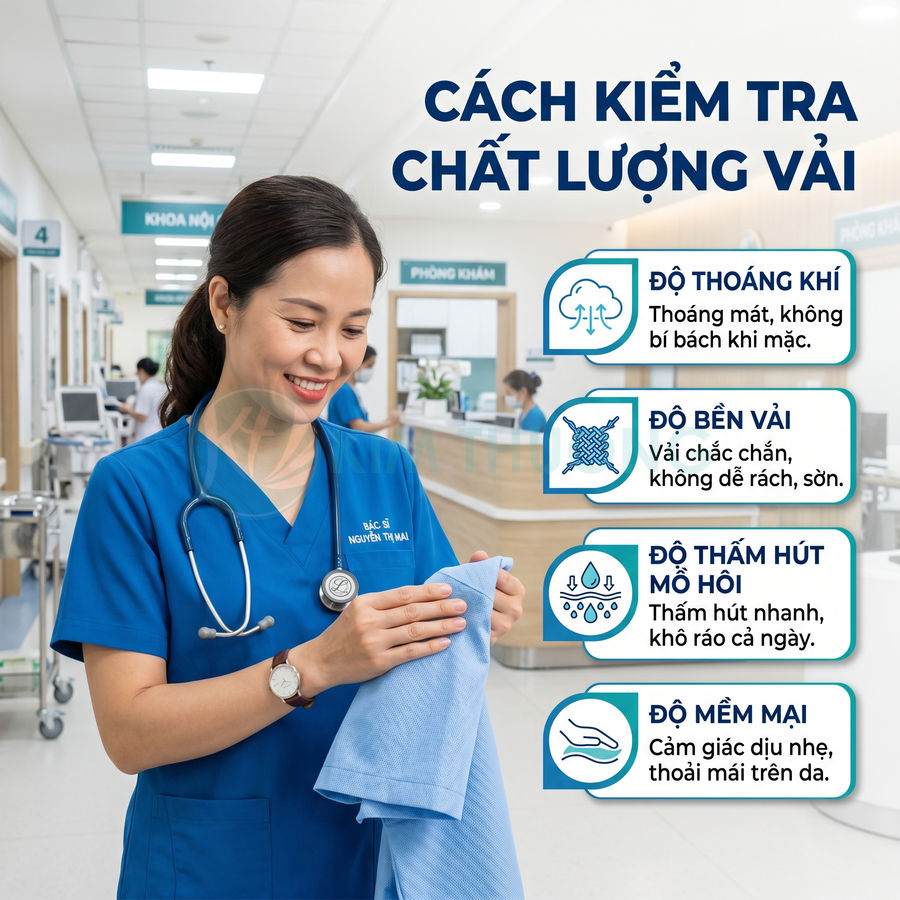 Bác sĩ mặc đồng phục y tế xanh kiểm tra chất lượng vải áo blouse trong bệnh viện