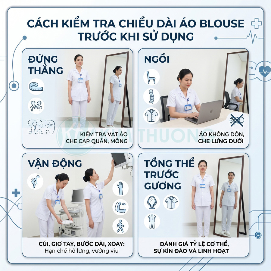 Hướng dẫn kiểm tra chiều dài áo blouse y tế nữ khi đứng ngồi vận động trước gương