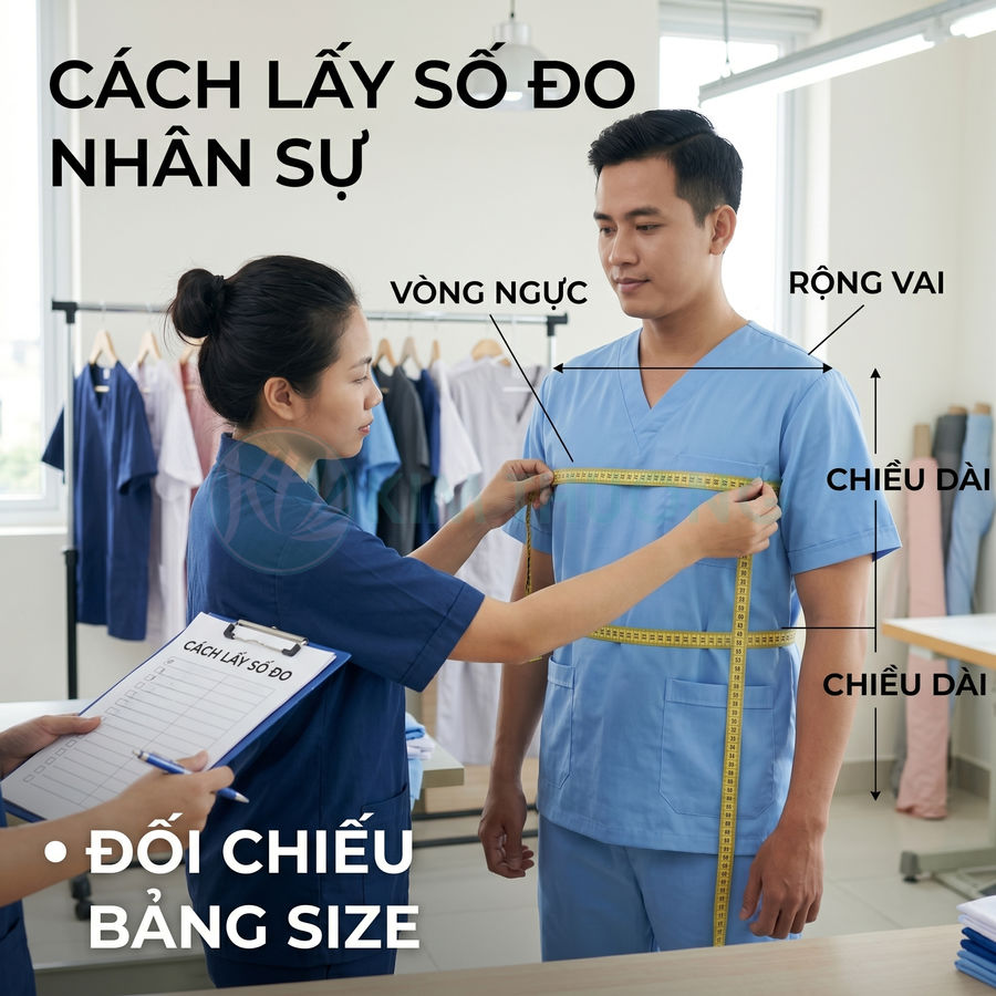 Nhân viên y tế đo vòng ngực và chiều dài cơ thể để chọn size đồng phục bệnh viện