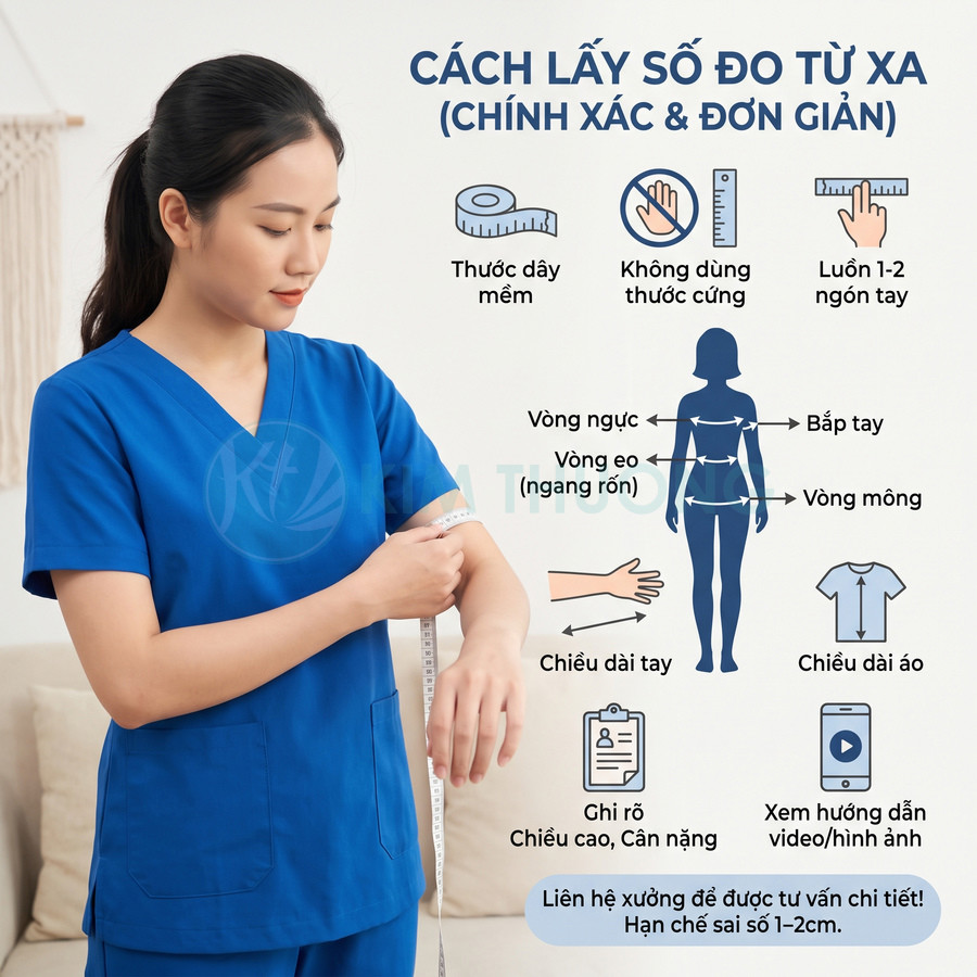 Người phụ nữ dùng thước dây mềm đo vòng tay, hướng dẫn lấy số đo cơ thể từ xa để may quần áo chính xác.