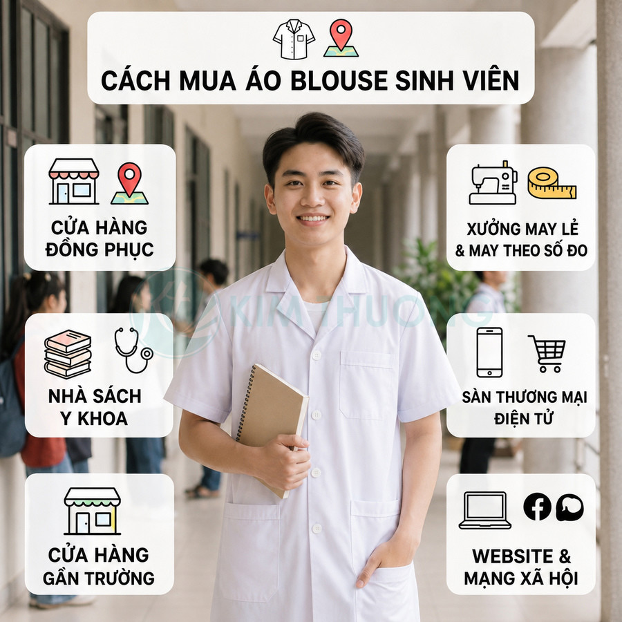 Nam sinh viên mặc áo blouse trắng cộc tay cầm sổ tay đứng ở hành lang trường học