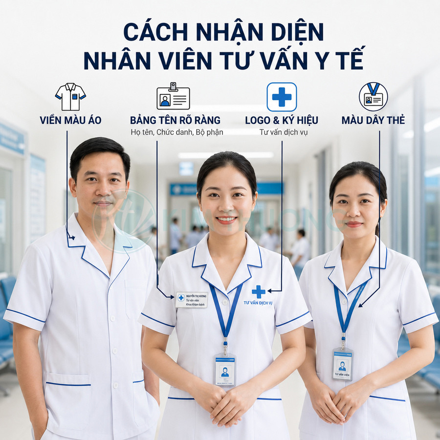 Nhân viên tư vấn y tế mặc đồng phục trắng, đeo bảng tên và thẻ nhân viên trong bệnh viện