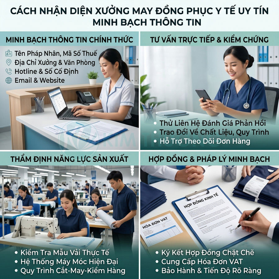 Xưởng may đồng phục y tế chuyên nghiệp với nhân viên tư vấn, kiểm tra mẫu vải, ký hợp đồng và cung cấp hóa đơn VAT