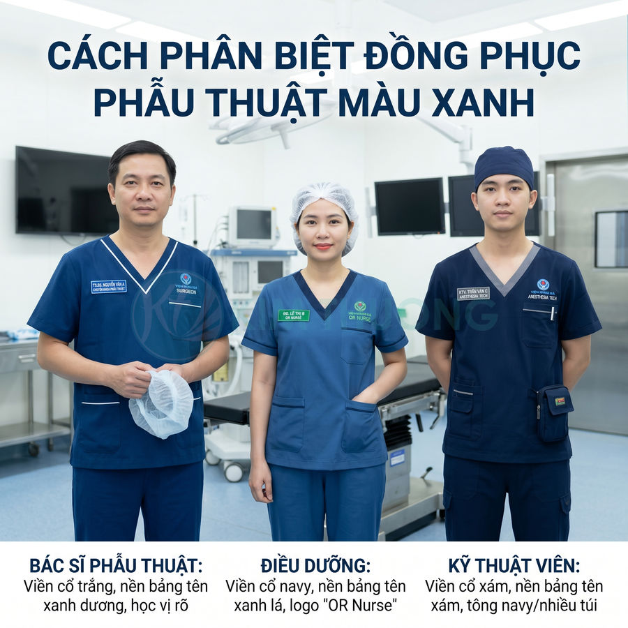 Đồng phục phẫu thuật màu xanh của bác sĩ, điều dưỡng và kỹ thuật viên trong phòng mổ hiện đại