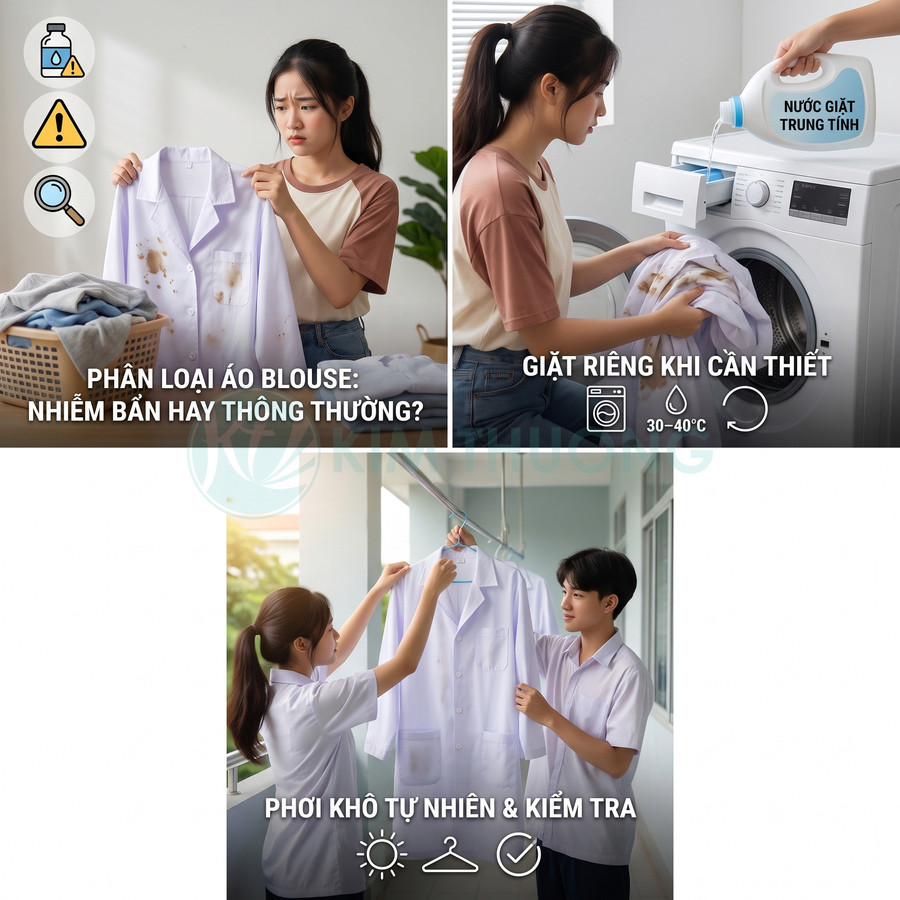 Hướng dẫn giặt áo blouse trắng: phân loại vết bẩn, giặt riêng với nước giặt trung tính và phơi khô tự nhiên.