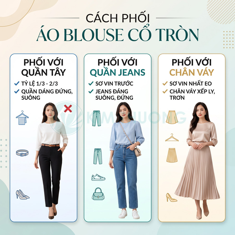 Cách phối áo blouse cổ tròn với quần tây, quần jeans và chân váy cho nữ công sở