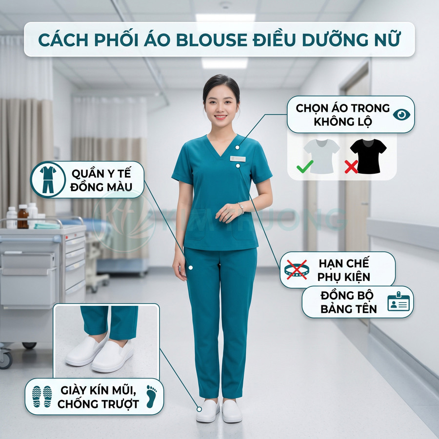Điều dưỡng nữ mặc bộ quần áo blouse y tế màu xanh đồng bộ với giày trắng kín mũi chống trượt