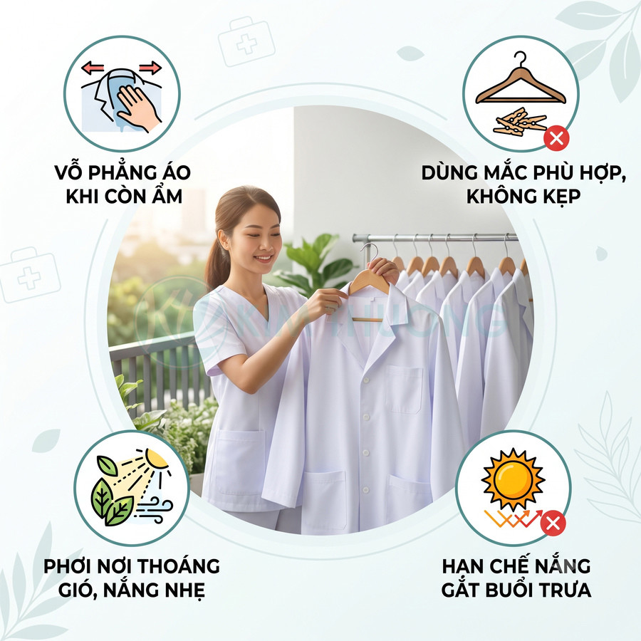 Điều dưỡng phơi áo blouse trắng trên mắc gỗ, hướng dẫn cách phơi áo blouse đúng cách giữ form đẹp
