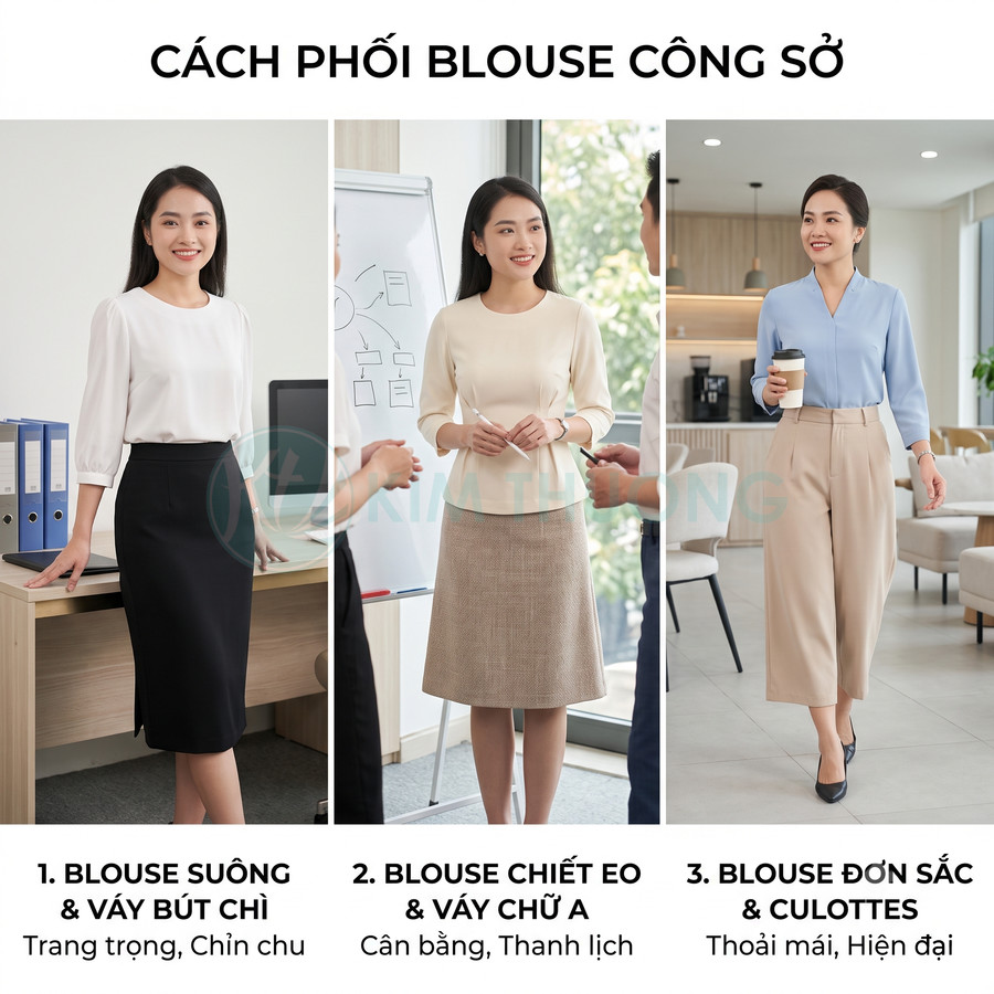 Các kiểu phối áo blouse công sở với chân váy bút chì, váy chữ A và quần culottes thanh lịch