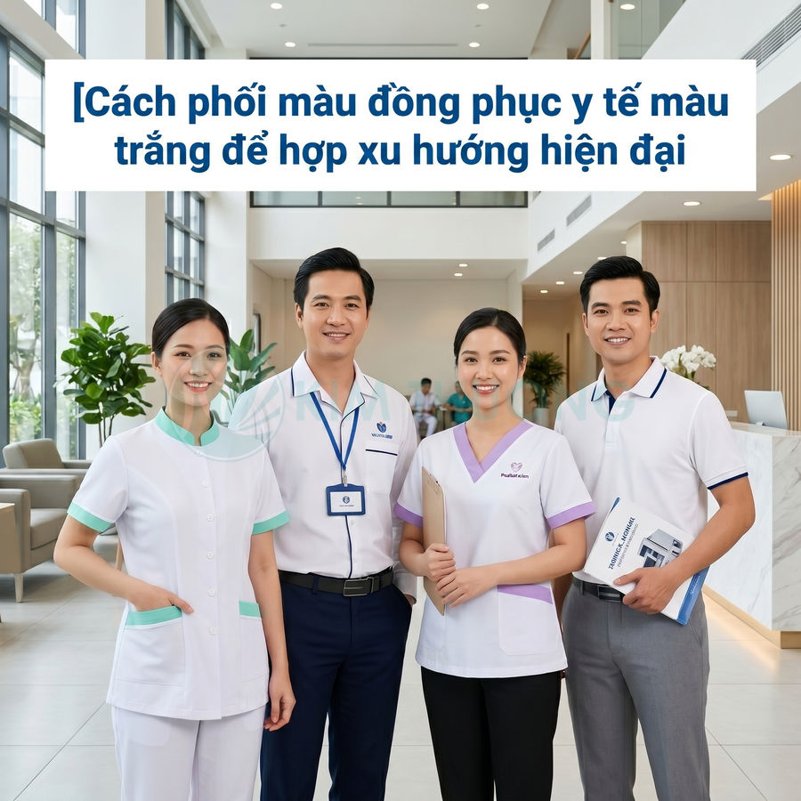 Nhóm nhân viên y tế mặc đồng phục trắng phối viền màu pastel hiện đại trong sảnh bệnh viện