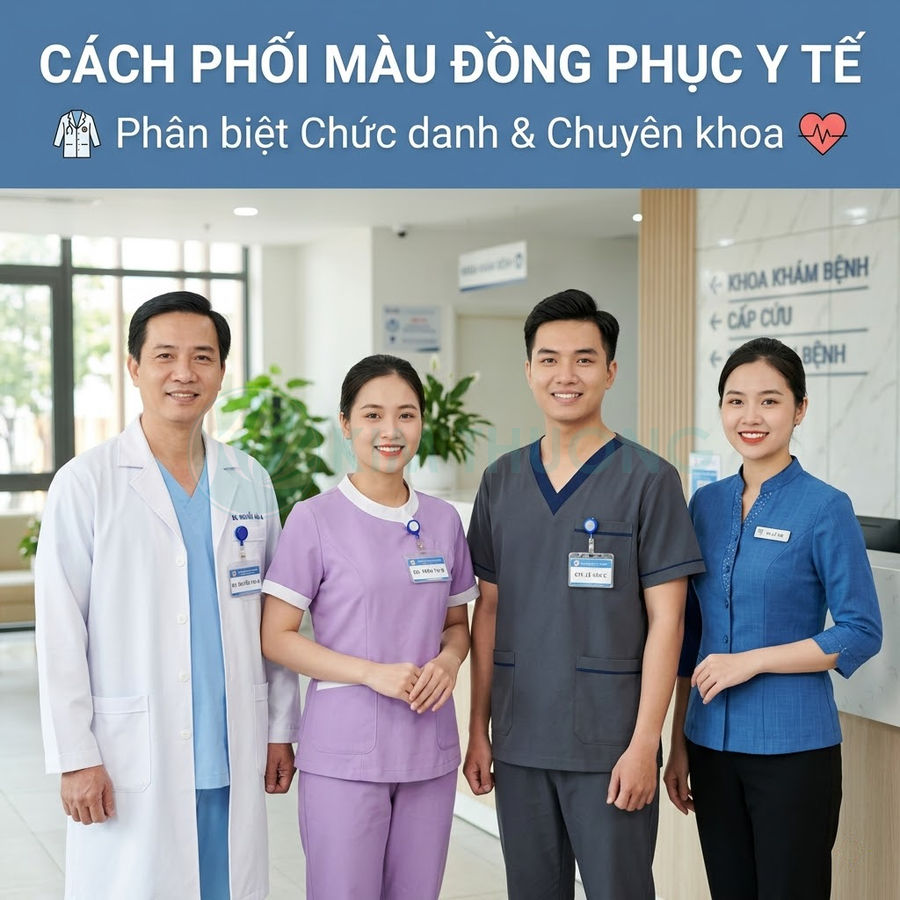 Nhóm bác sĩ và điều dưỡng mặc đồng phục y tế nhiều màu sắc đứng tại sảnh bệnh viện