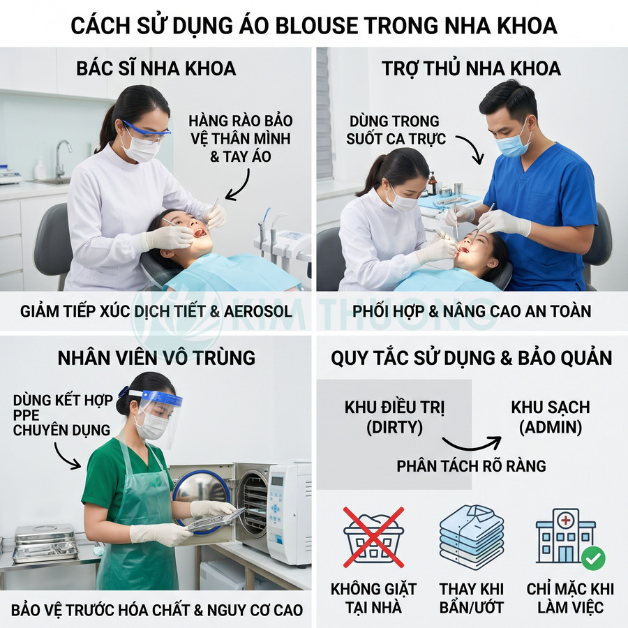 Áo blouse và đồ bảo hộ y tế được sử dụng bởi bác sĩ nha khoa, trợ thủ và nhân viên vô trùng trong phòng khám