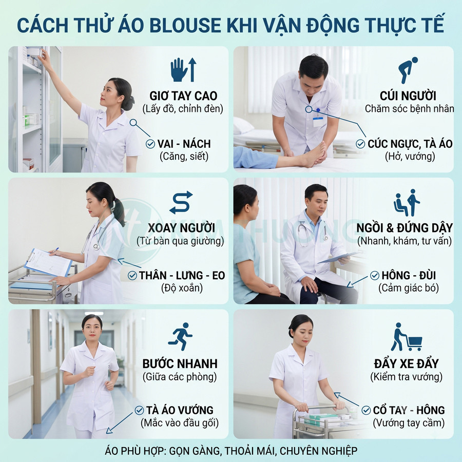 Nhân viên y tế mặc áo blouse trắng thực hiện các tư thế vận động khi làm việc trong bệnh viện