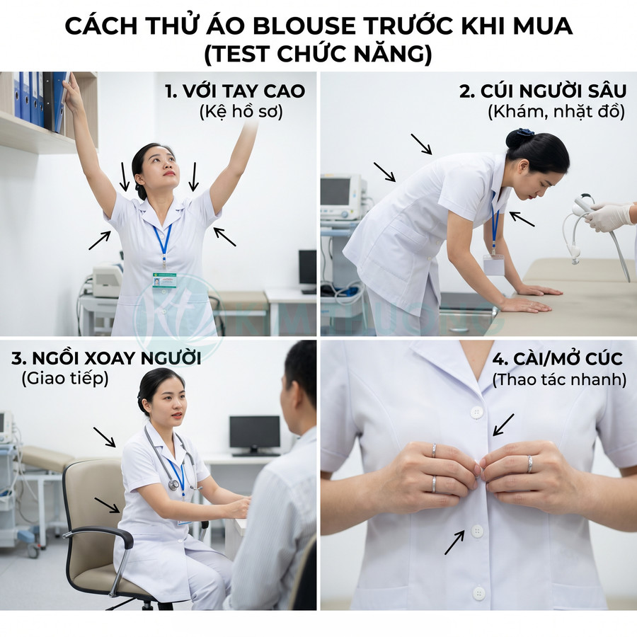 Hướng dẫn thử áo blouse y tế với các động tác giơ tay, cúi người, xoay người và cài mở cúc