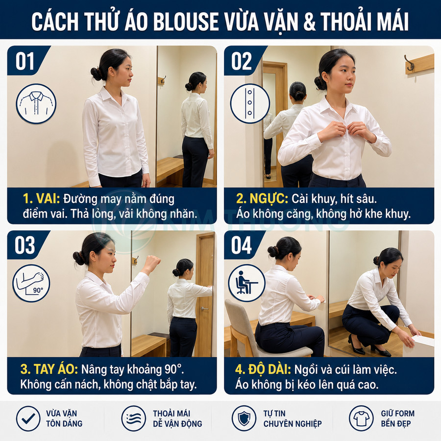 Hướng dẫn thử áo blouse nữ công sở vừa vặn thoải mái với các tư thế đứng ngồi và vận động