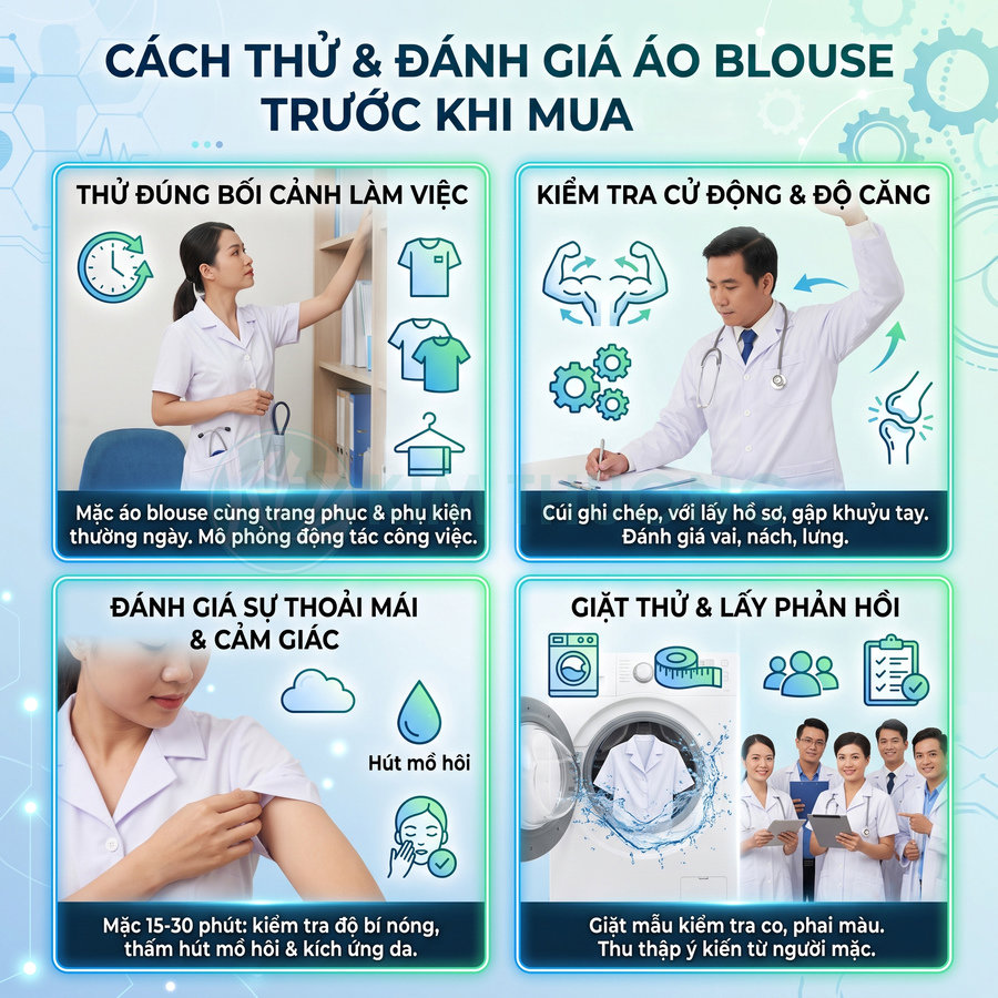 Hướng dẫn thử và đánh giá áo blouse y tế với bác sĩ, điều dưỡng mặc thử trong nhiều tình huống làm việc