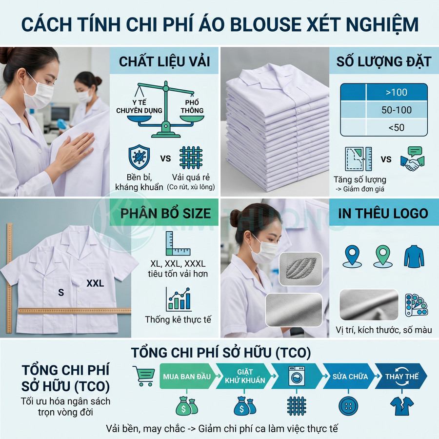 Hướng dẫn tính chi phí áo blouse xét nghiệm y tế, chọn chất liệu, size, số lượng đặt và in thêu logo tối ưu ngân sách