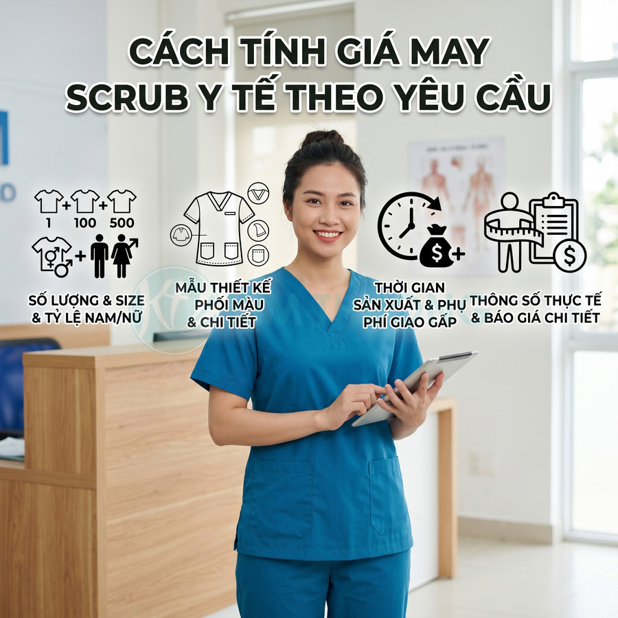 Nhân viên y tế mặc scrub xanh dương cầm tablet, minh họa cách tính giá may đồng phục y tế theo yêu cầu