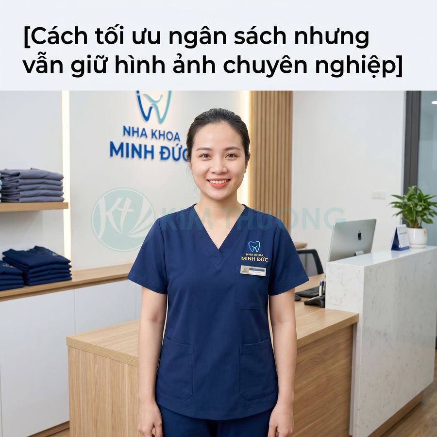 Nữ nha sĩ Nha Khoa Minh Đức mặc đồng phục xanh đứng tại quầy lễ tân phòng khám nha khoa hiện đại